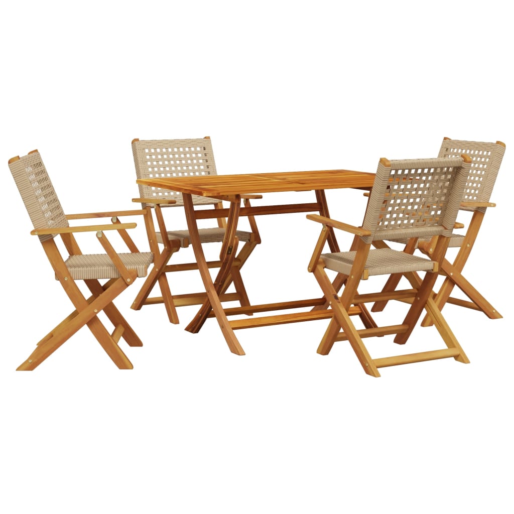 5 Piece Garden Dining Set Beige Poly Rattan and Solid Wood