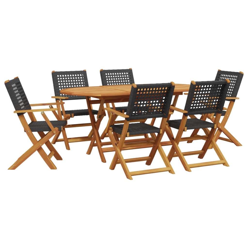 7 Piece Garden Dining Set Black Poly Rattan and Solid Wood