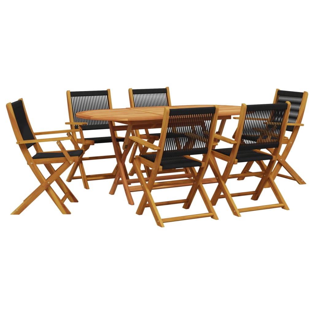 7 Piece Garden Dining Set Black Polypropylene and Solid Wood