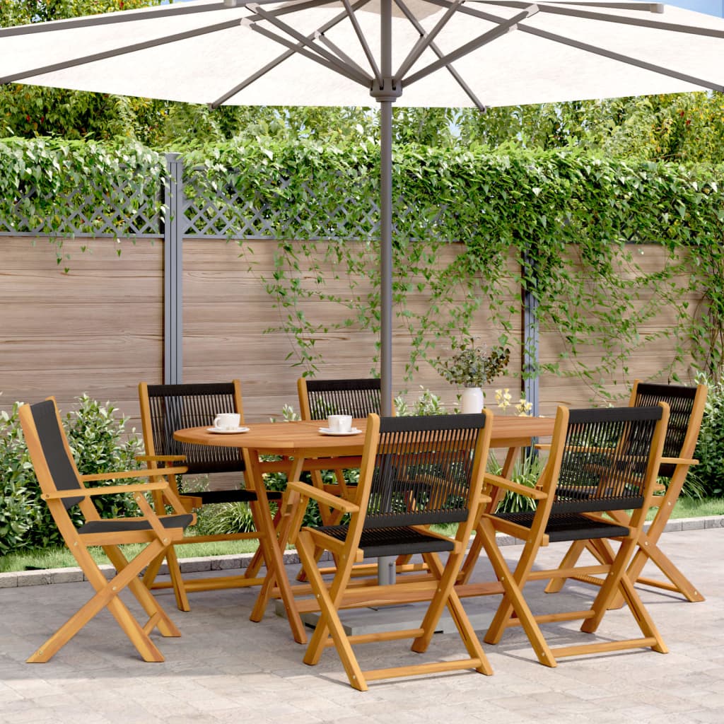 7 Piece Garden Dining Set Black Polypropylene and Solid Wood