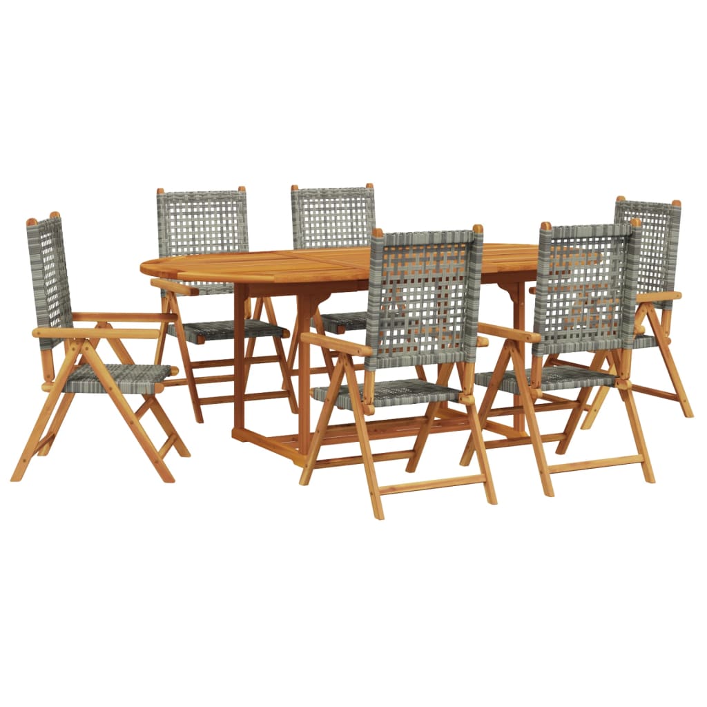 7 Piece Garden Dining Set Grey Poly Rattan and Solid Wood