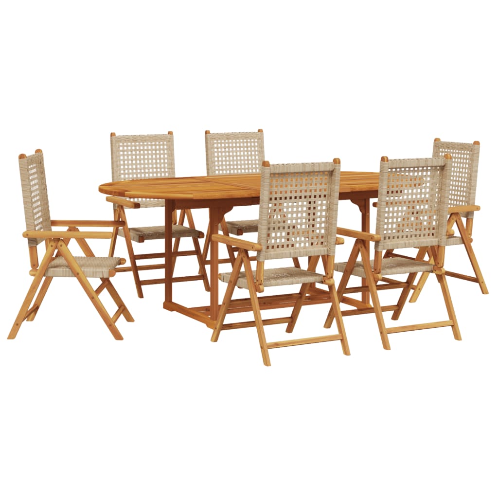 7 Piece Garden Dining Set Beige Poly Rattan and Solid Wood