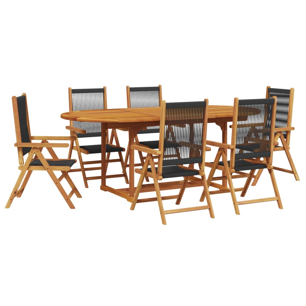 7 Piece Garden Dining Set Black Polypropylene and Solid Wood