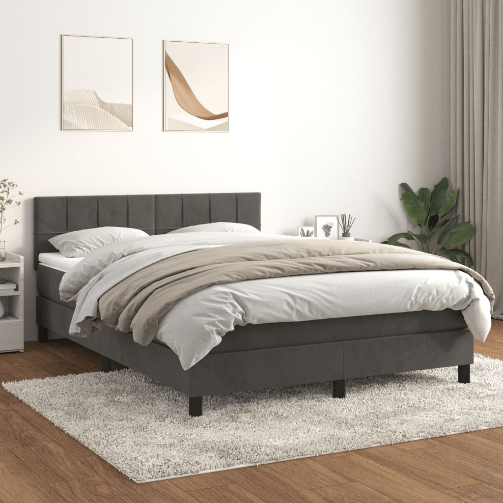 Box Spring Bed with Mattress Dark Grey 137x187 cm Double Size Velvet