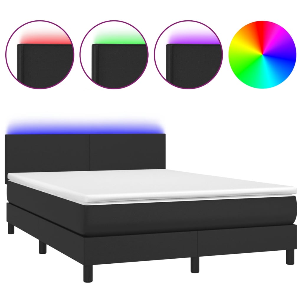 Box Spring Bed with Mattress&LED Black 137x187 cm Double Size Faux Leather