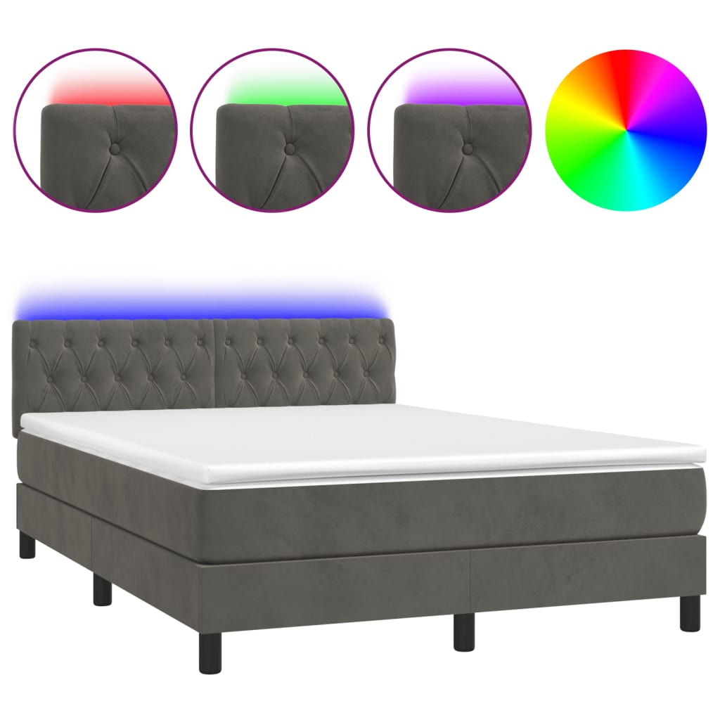 Box Spring Bed with Mattress&LED Dark Grey 137x187 cm Double Size Velvet