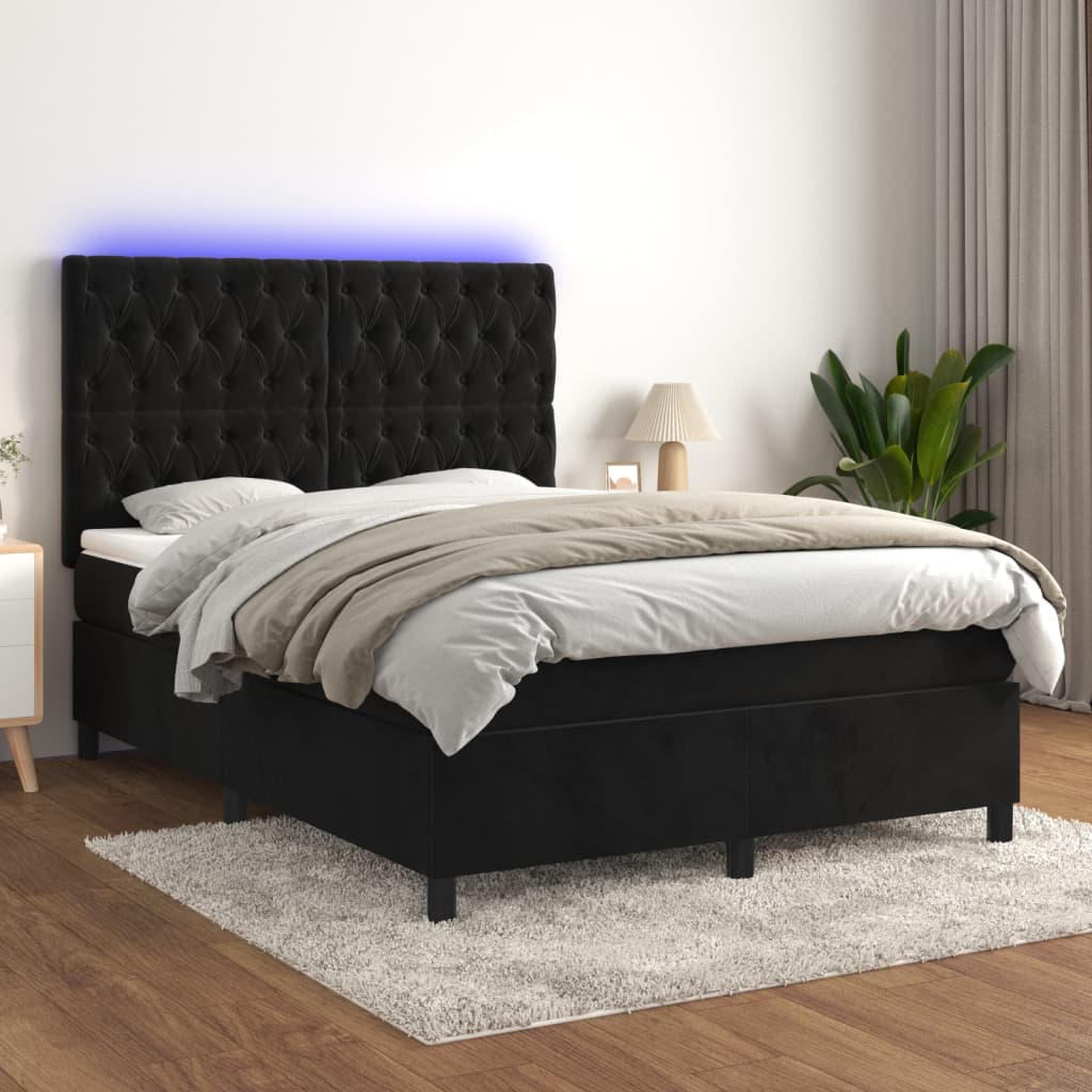 Box Spring Bed with Mattress&LED Black 137x187 cm Double Size Velvet