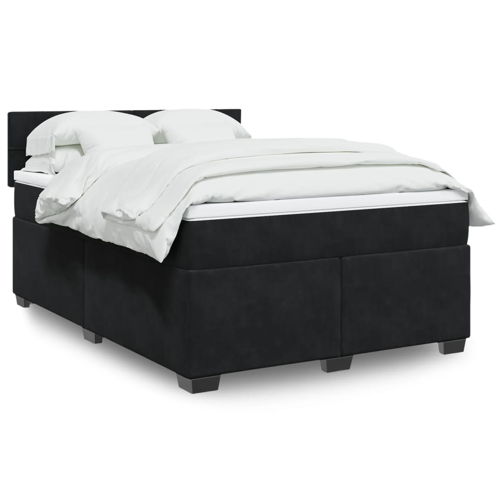 Box Spring Bed with Mattress Black Queen Velvet