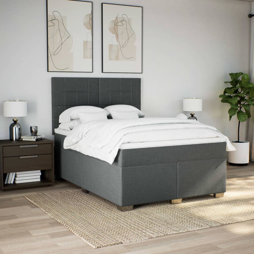 Box Spring Bed with Mattress Dark Grey Queen Fabric