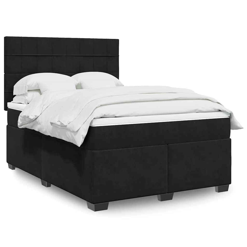 Box Spring Bed with Mattress Black Double Velvet