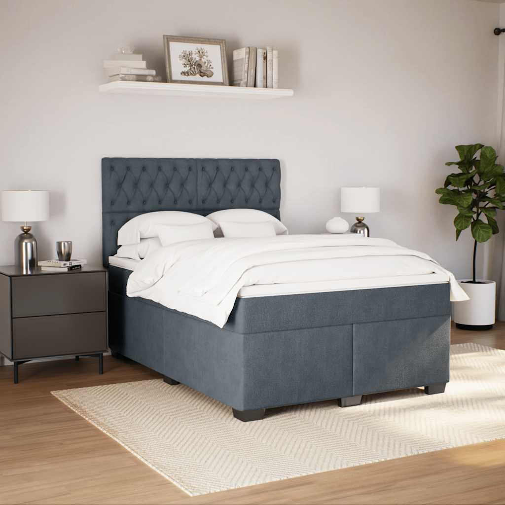 Box Spring Bed with Mattress Dark Grey Double Velvet