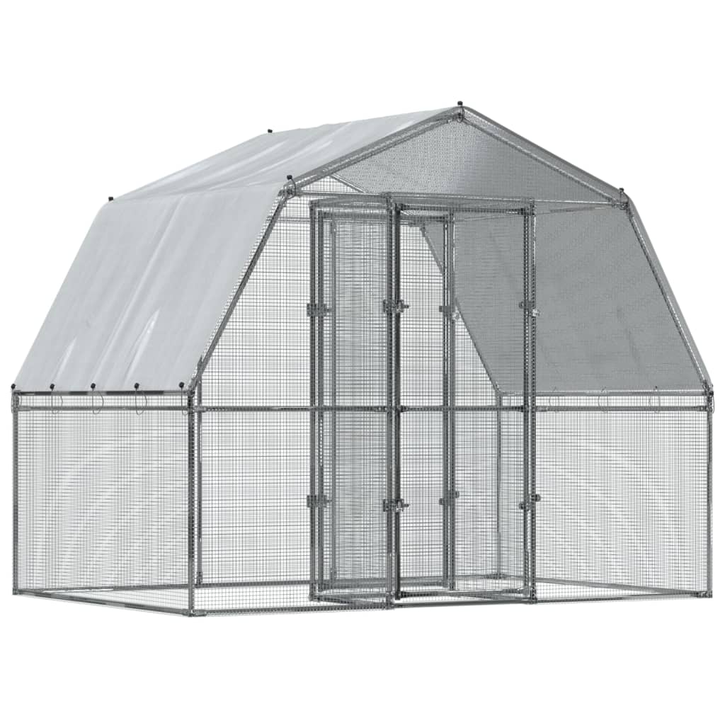 Chicken Cage with Roof and Door Silver Galvanised Steel