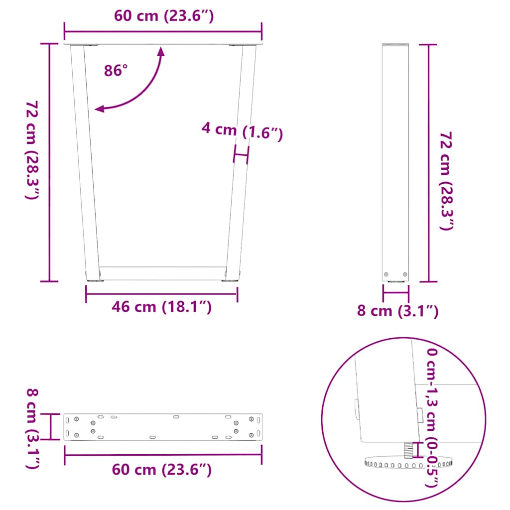 Dining Table Legs V-Shape 2 pcs Black 60x(72-73.3) cm Steel