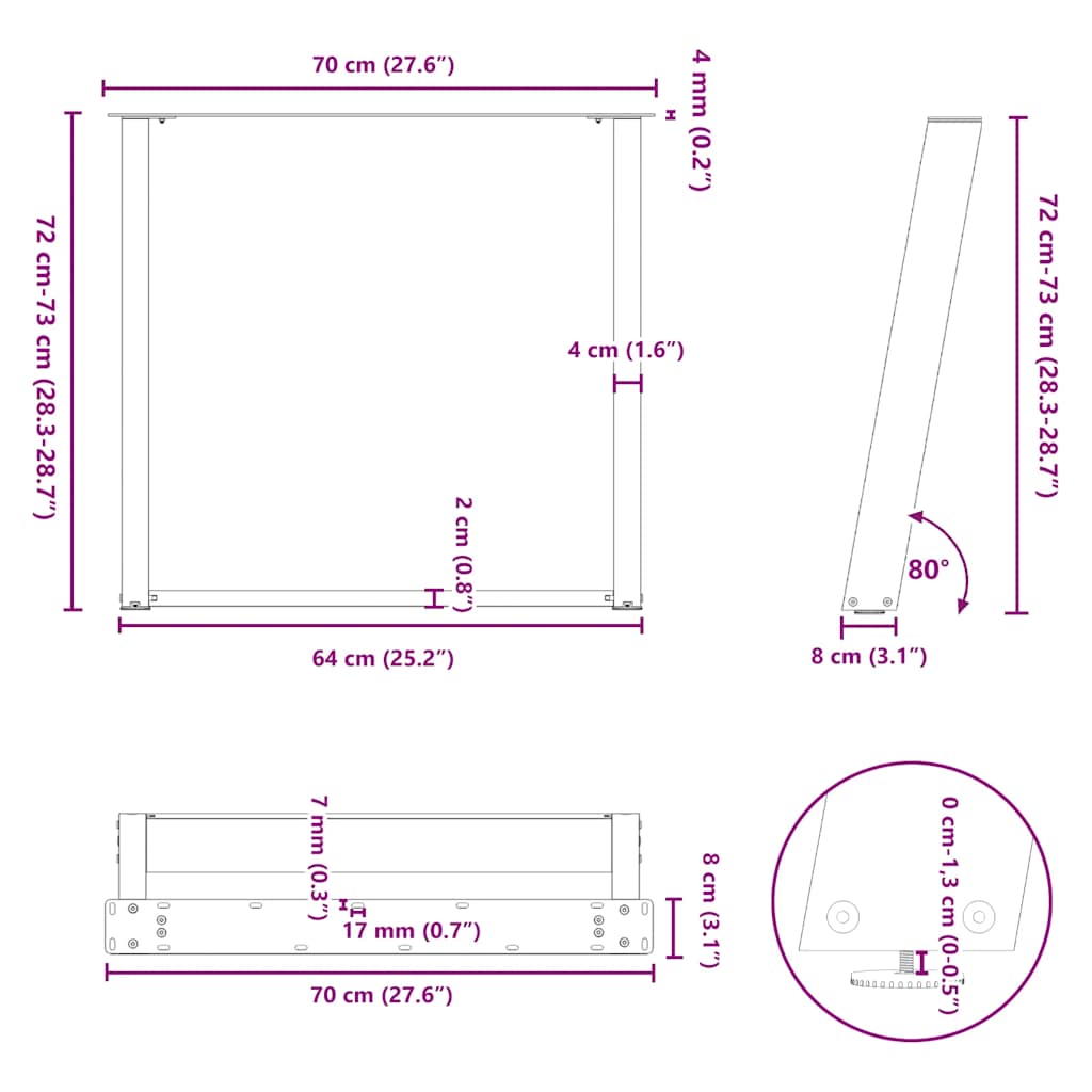 vidXL Dining Table Legs U-Shaped 2 pcs Black 70x(72-73) cm Steel