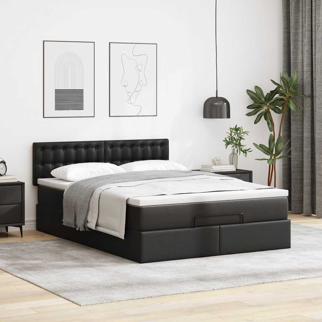 Ottoman Bed with Mattress Black Double Faux Leather