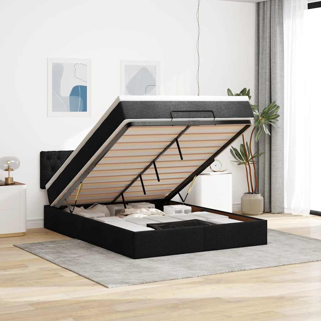 Ottoman Bed with Mattress Black Double Fabric