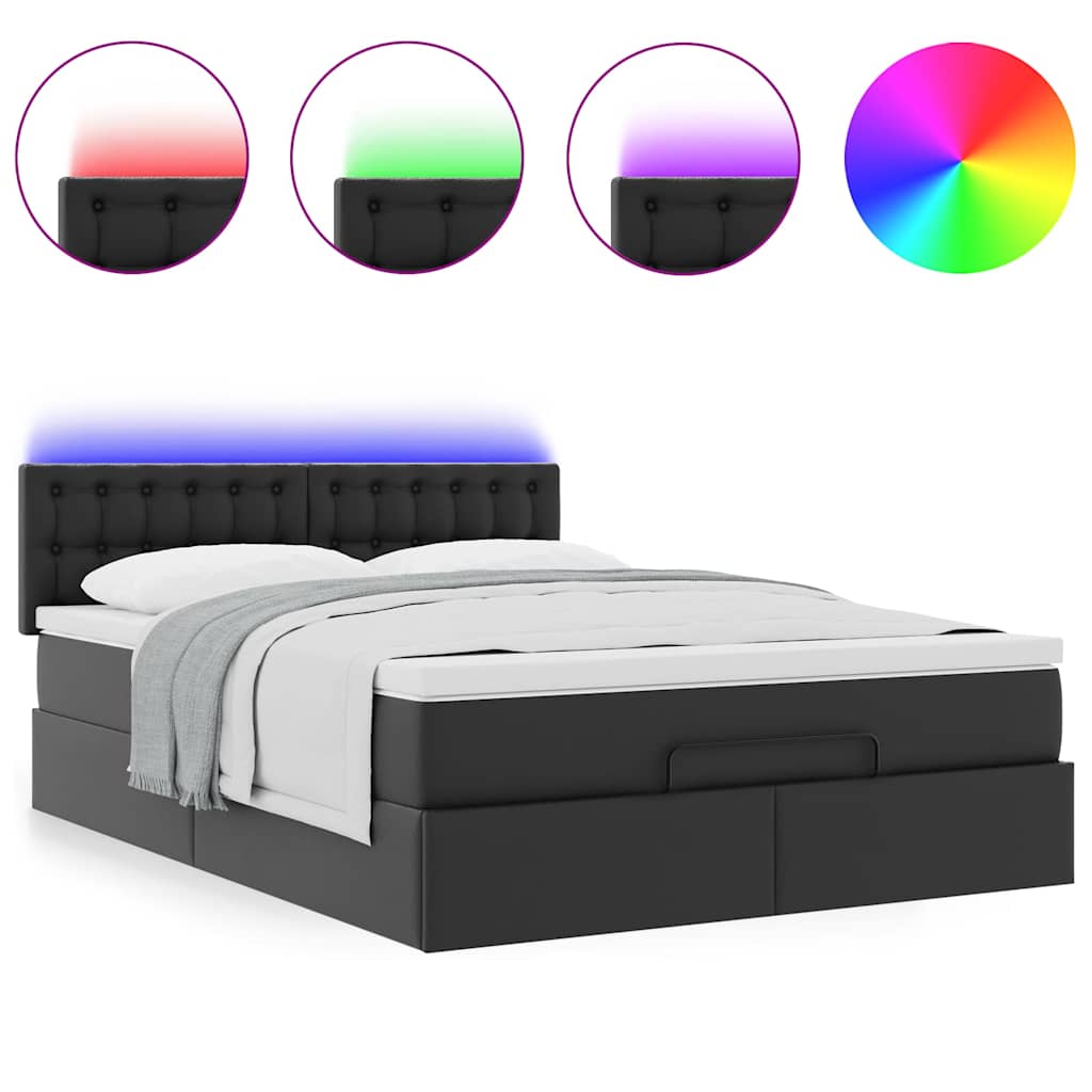 Ottoman Bed with Mattresses & LEDs Black Double Faux Leather