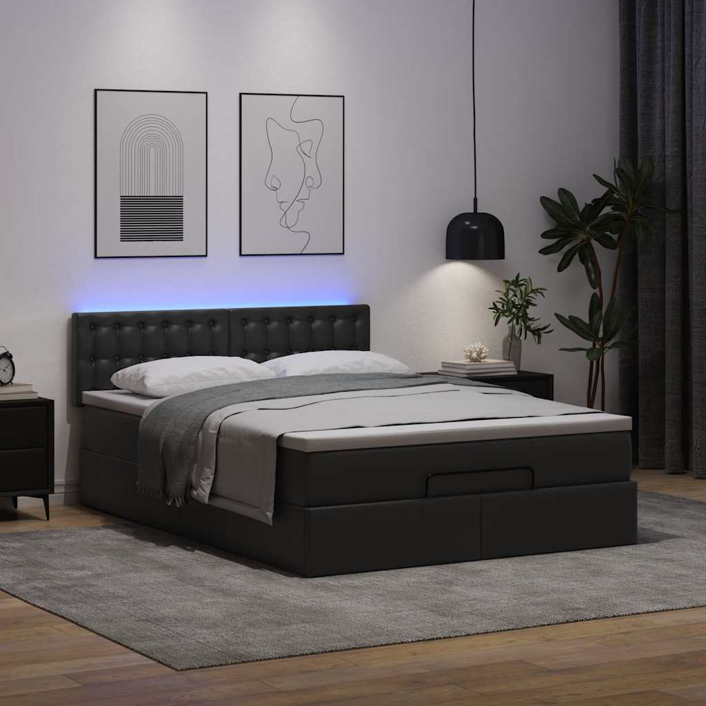 Ottoman Bed with Mattresses & LEDs Black Double Faux Leather