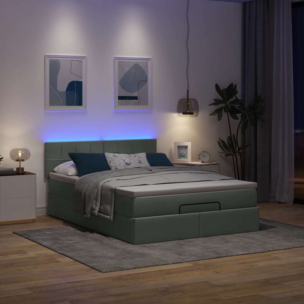 Ottoman Bed with Mattress & LEDs Dark Grey Double Fabric