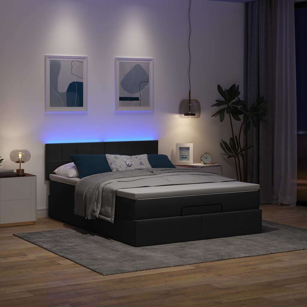 Ottoman Bed with Mattress & LEDs Black Double Fabric