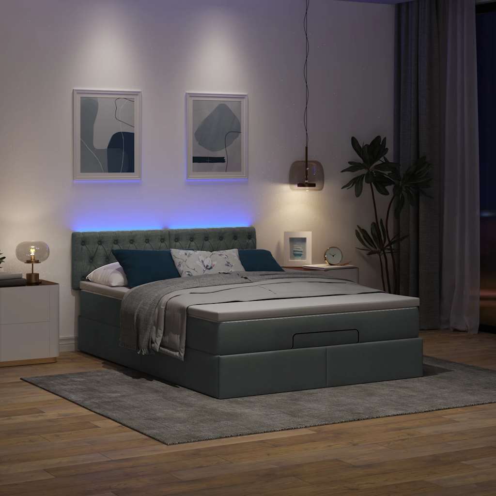 Ottoman Bed with Mattress & LEDs Dark Grey Double Fabric