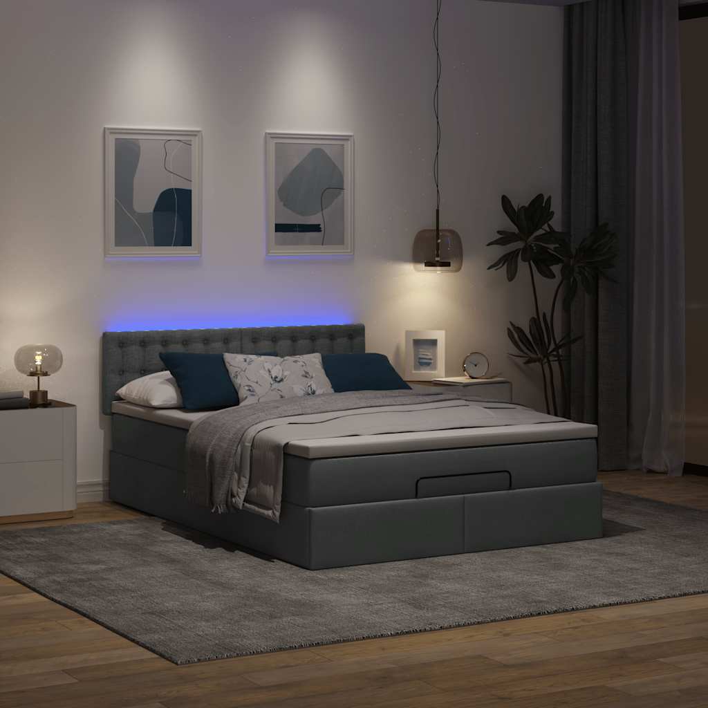 Ottoman Bed with Mattress & LEDs Dark Grey Double Fabric