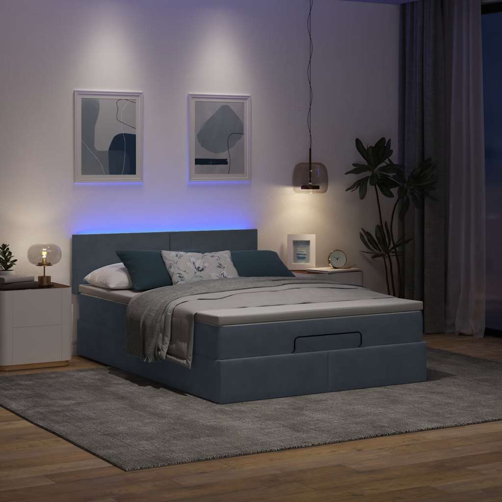 Ottoman Bed with Mattress & LEDs Dark Grey Double Velvet