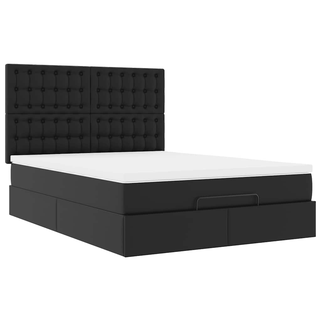 Ottoman Bed with Mattress Black Double Faux Leather