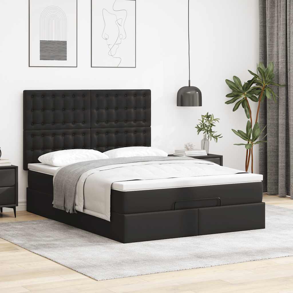 Ottoman Bed with Mattress Black Double Faux Leather