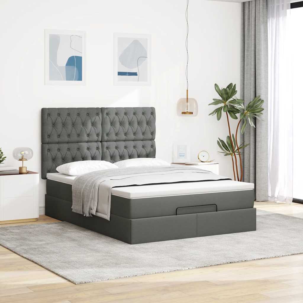 Ottoman Bed with Mattress Dark Grey Double Fabric