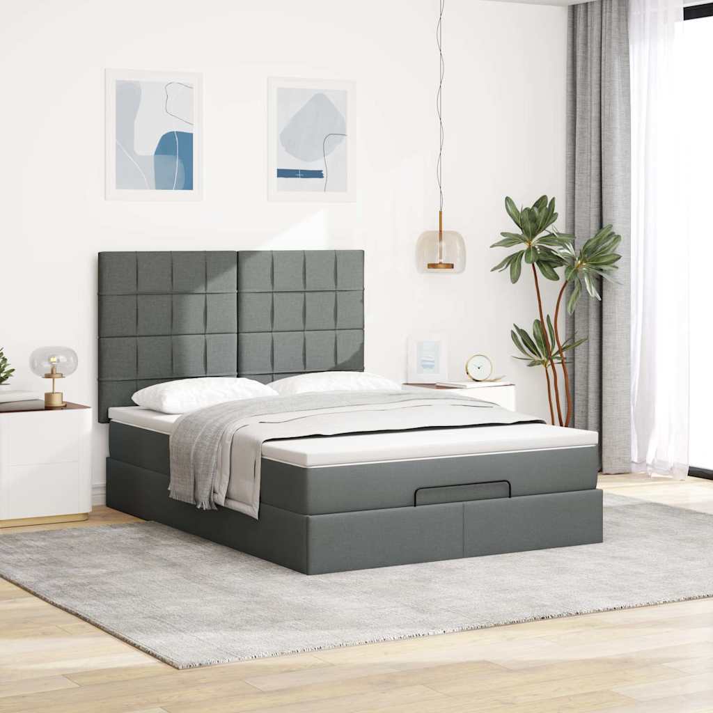 Ottoman Bed with Mattress & LEDs Dark Grey Double Fabric