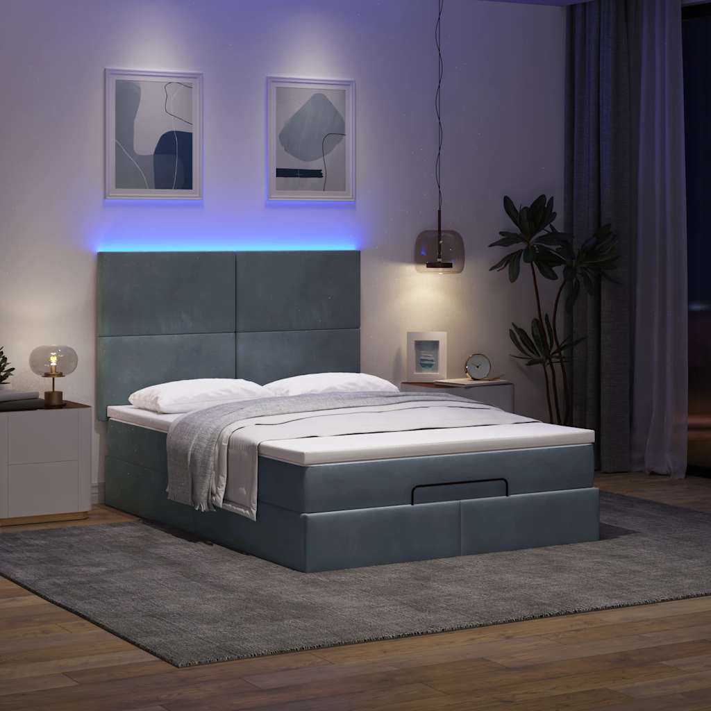 Ottoman Bed with Mattresses & LEDs Dark Grey Double Velvet