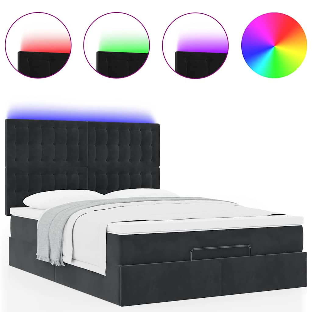 Ottoman Bed with Mattresses & LEDs Black Double Velvet