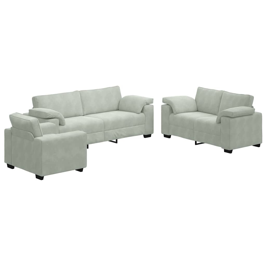 3 Piece Sofa Set with Cushions Light Grey Velvet