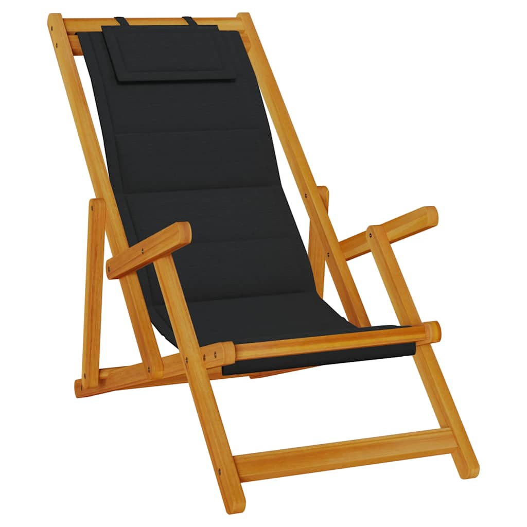 Folding Beach Chair with Armrests Black Acacia Wood & Textilene