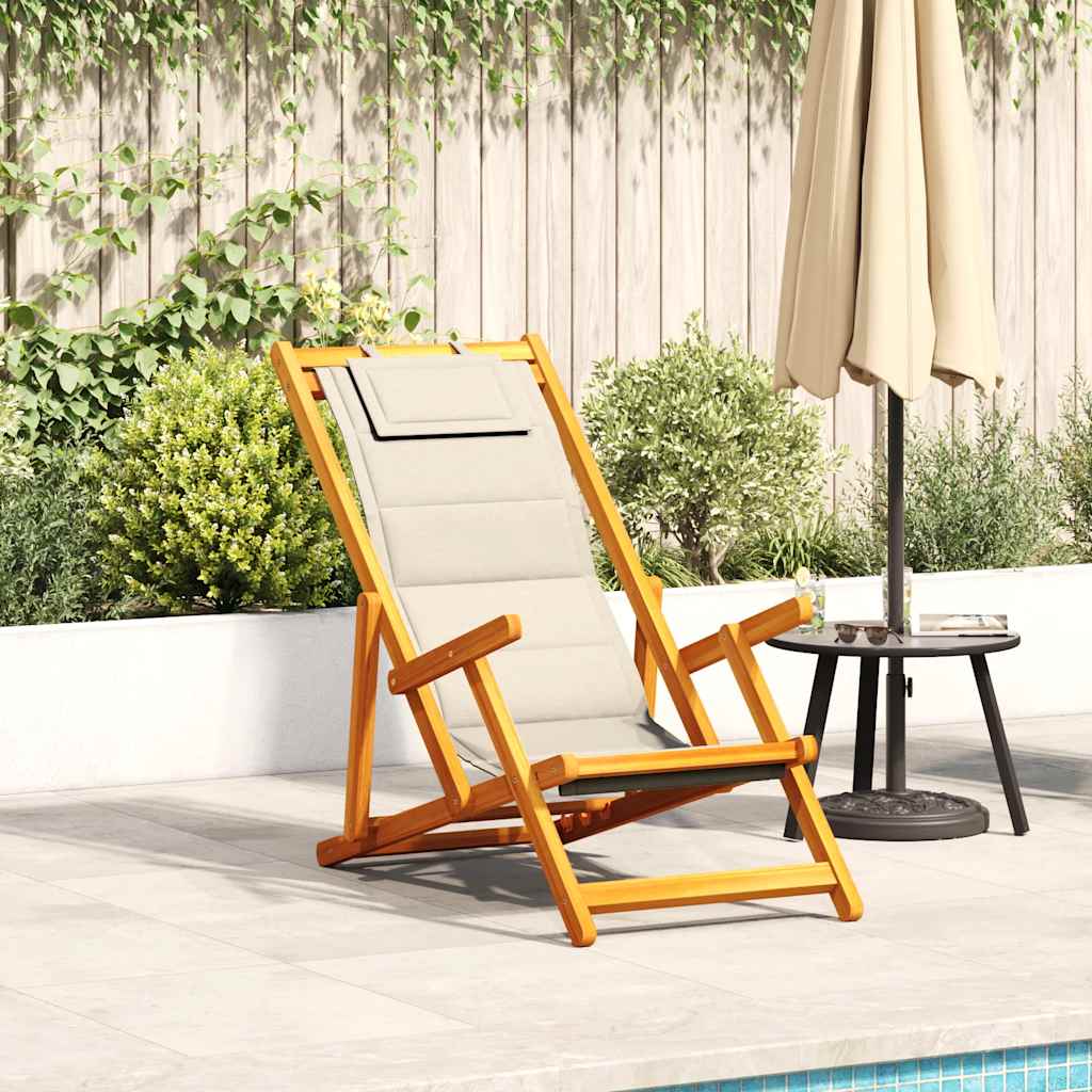 Folding Beach Chair with Armrests Cream Acacia Wood & Textilene