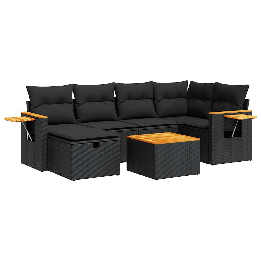 7 Piece Garden Sofa Set with Cushions Black Poly Rattan