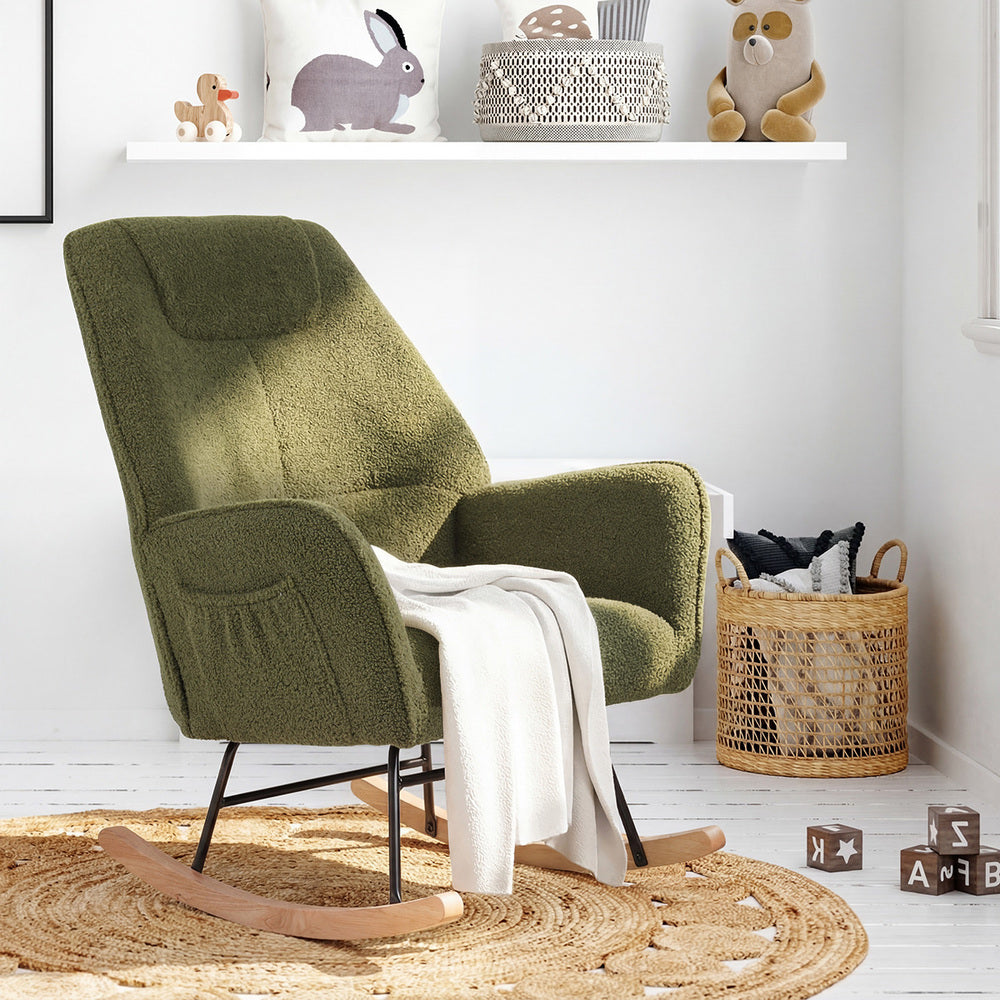 Rocking Chair Armchair Sherpa Accent Upholstered Green