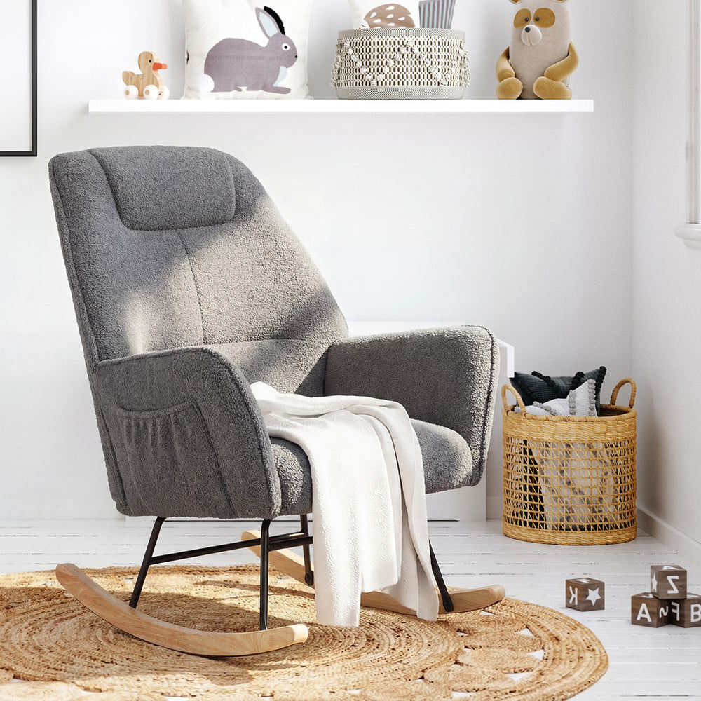 Rocking Chair Armchair Sherpa Accent Upholstered Grey