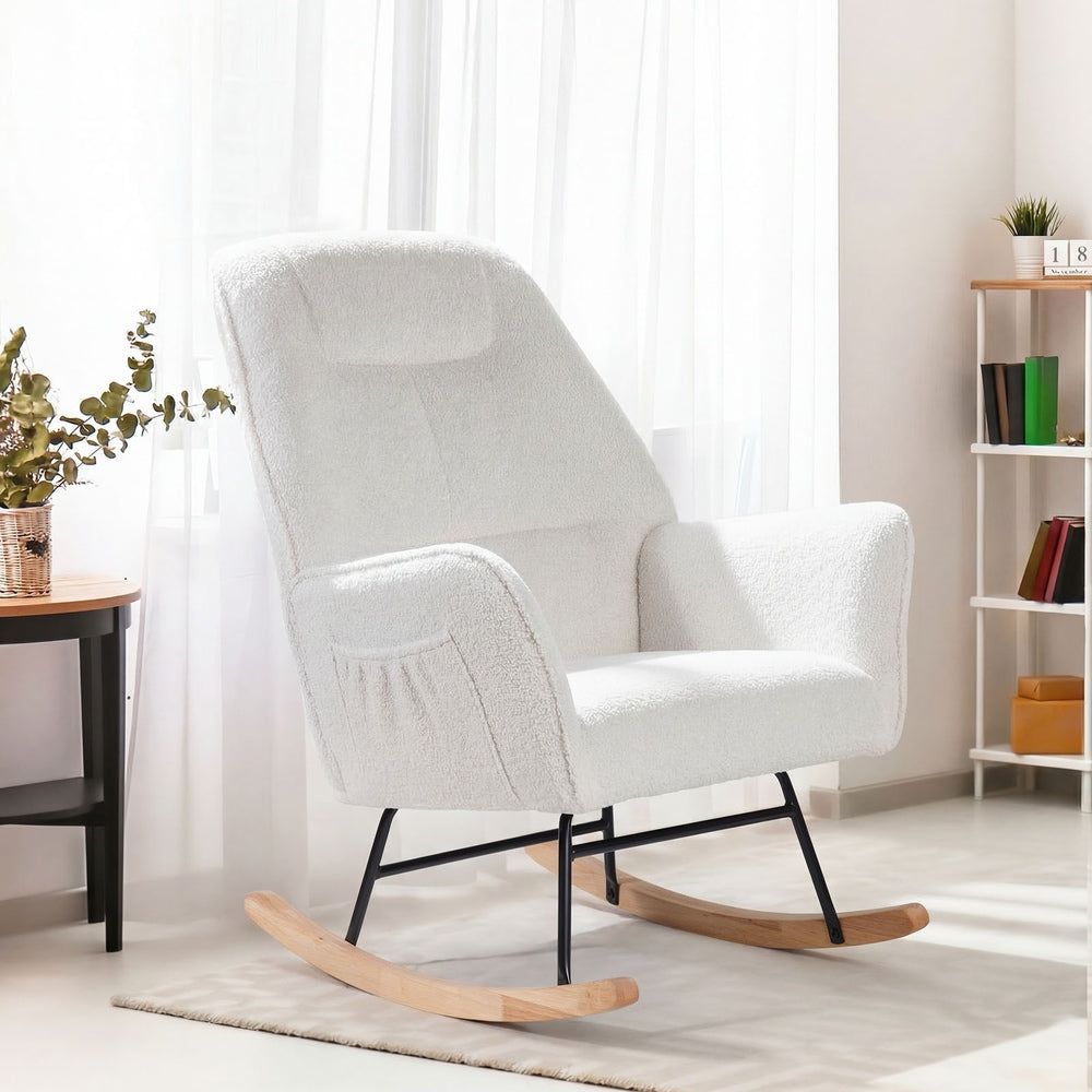 Rocking Chair Armchair Sherpa Accent Upholstered White