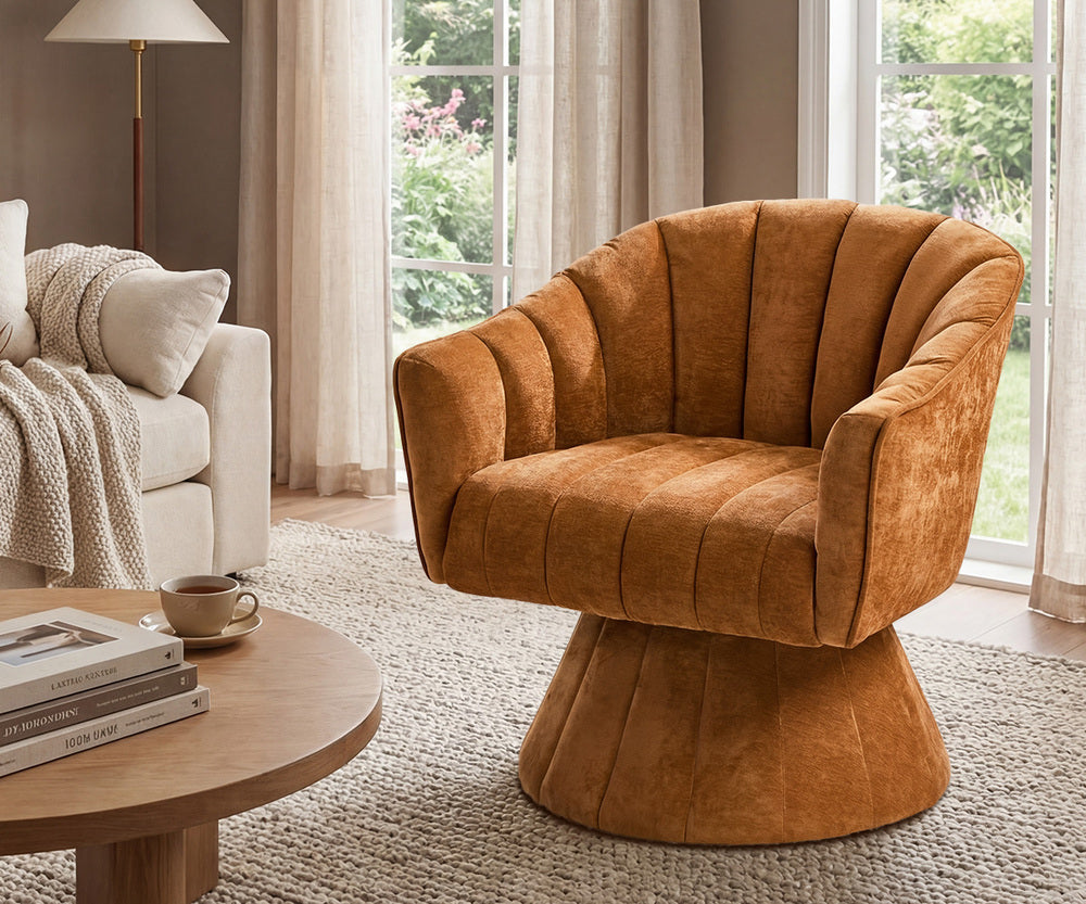 Swivel Armchair, Linen Fabric Lounge Chair, Accent Chair, Orange Colour