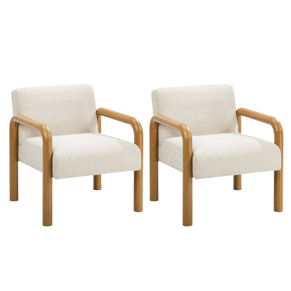 Oikiture 2 Pack Accent Armchairs, Linen Lounge Chair, Natural Wood & Beige