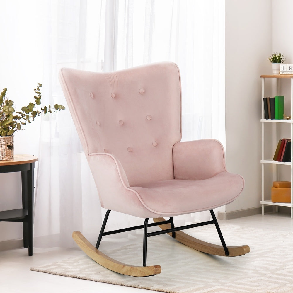 Rocking Chair Nursing Armchair Velvet Accent Upholstered Pink