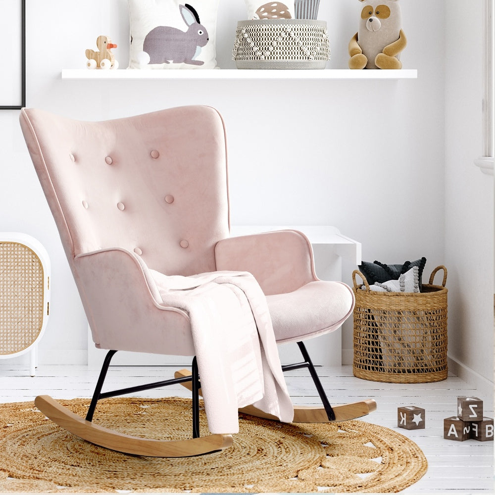 Rocking Chair Nursing Armchair Velvet Accent Upholstered Pink