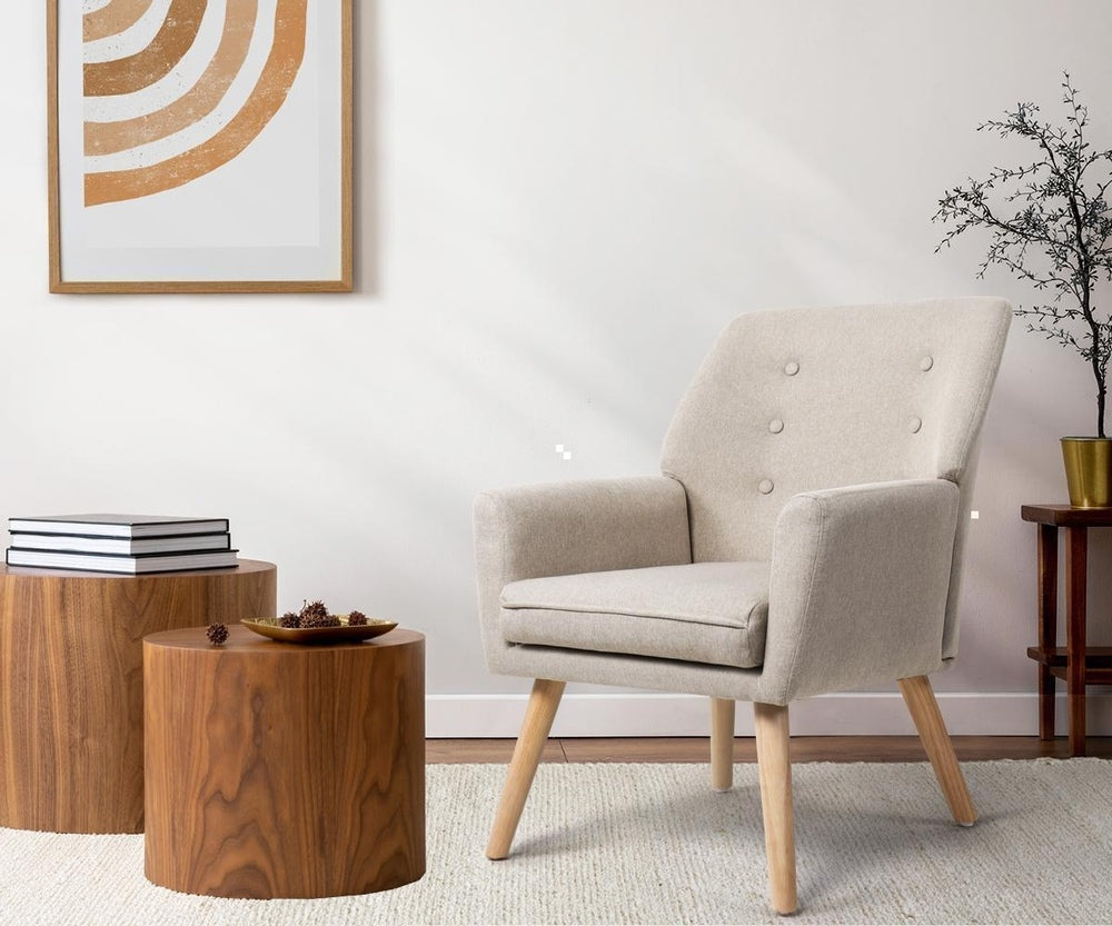 3x Armchair Lounge Chair Linen Tub Chairs Sofa Beige