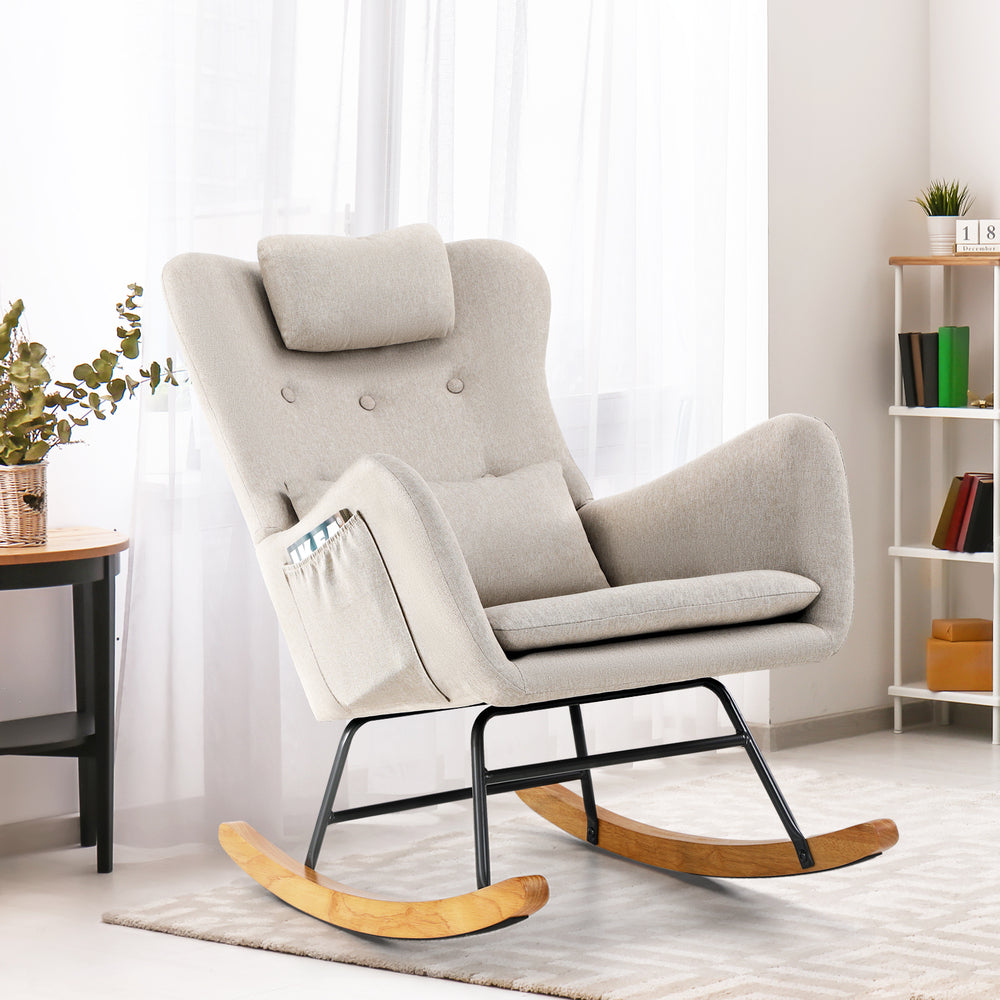 Rocking Chair Nursing Armchair Linen Accent Chairs With 2 Pillow Beige