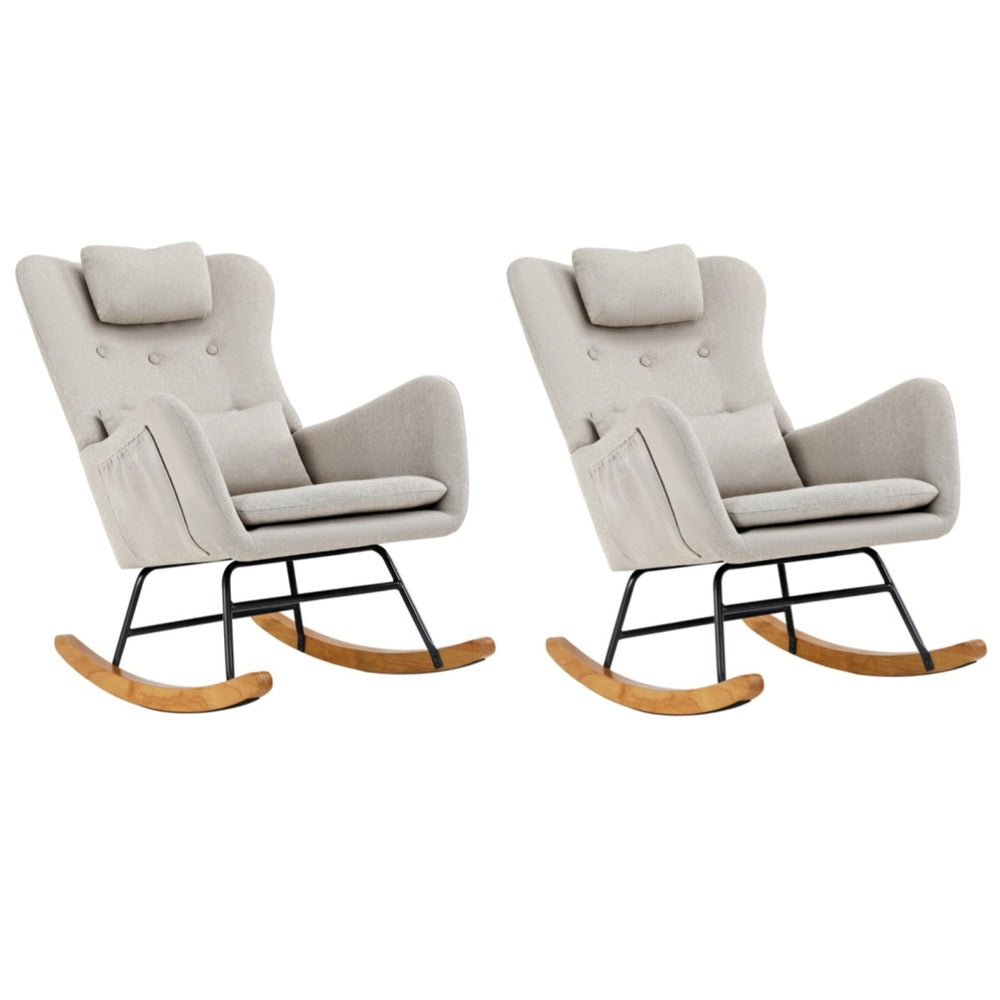 2x Rocking Chair Nursing Armchair Linen 2 Pillow Beige