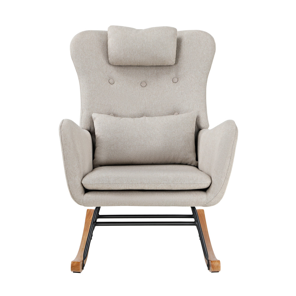 3x Rocking Chair Nursing Armchair Linen 2 Pillow Beige