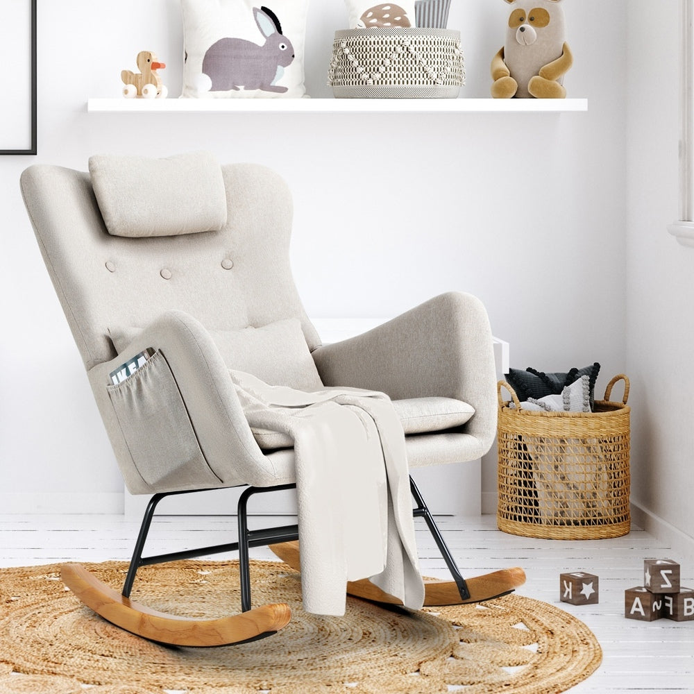 3x Rocking Chair Nursing Armchair Linen 2 Pillow Beige