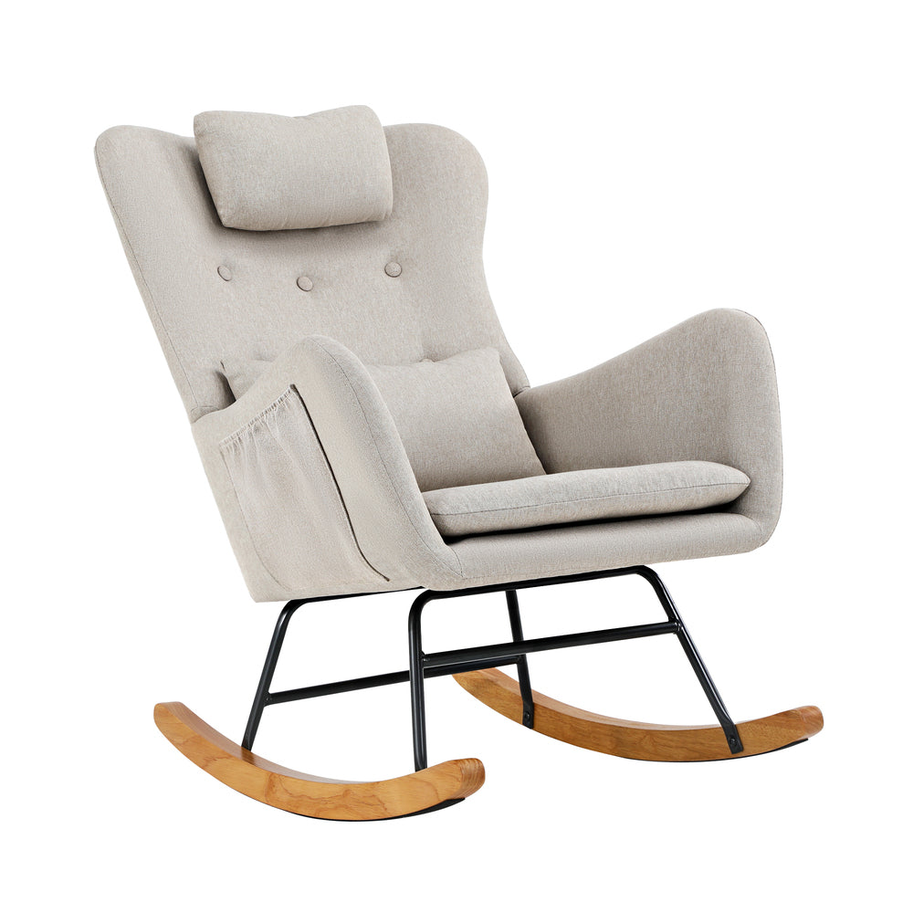 4x Rocking Chair Nursing Armchair Linen 2 Pillow Beige